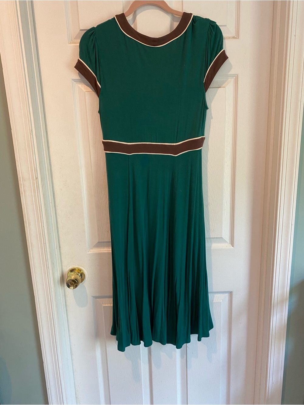 BCBGMaxAzria Teal V-Neck Tunic with Brown and White Trim - Picture 3 of 6